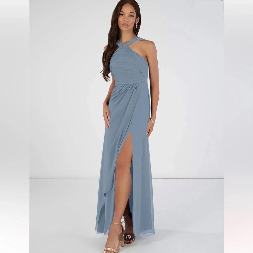 Azazie Mellie Sky Blue Pleated Chiffon Halter Maxi Bridesmaid Dress A8 NEW